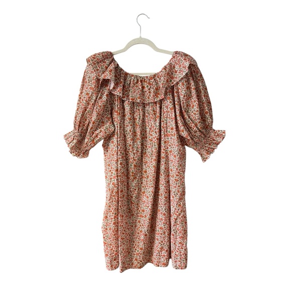 DÔEN Liberty Fabric Chime Floral Mini Dress Size M in Coral Poppy Boho Ruffles - Picture 10 of 13